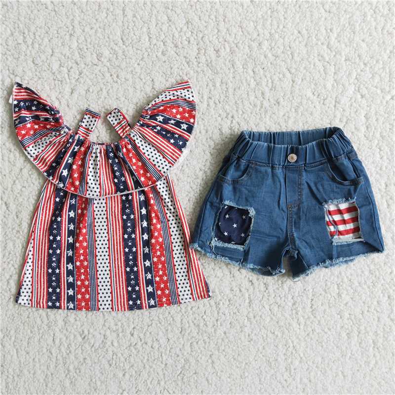 star striped pattern denim short pants set