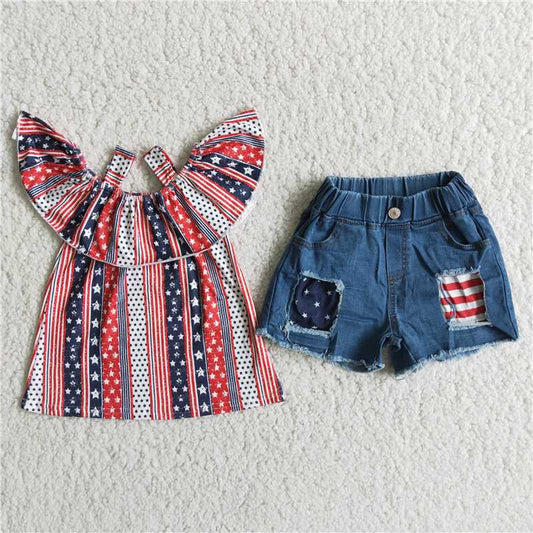 star striped pattern denim short pants set