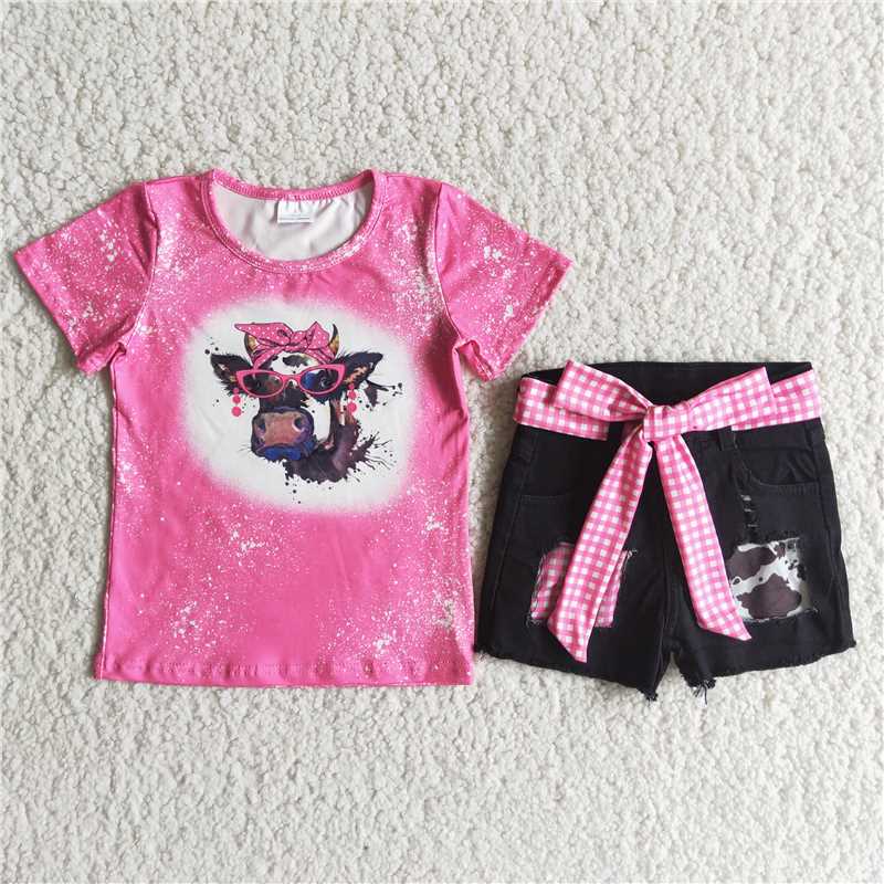 pink bleached shirt heifer design denim short pants set