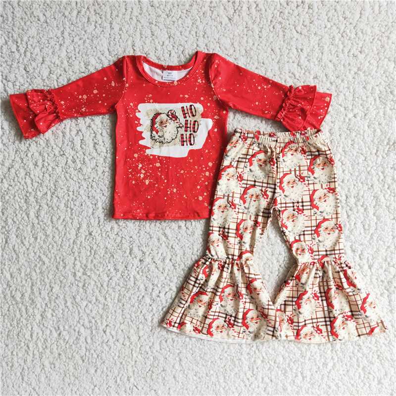 RTS NO MOQ（In Stock ) 6 A4-27 Girls Outfit Santa Claus Print Trousers Christmas Boutique Set
