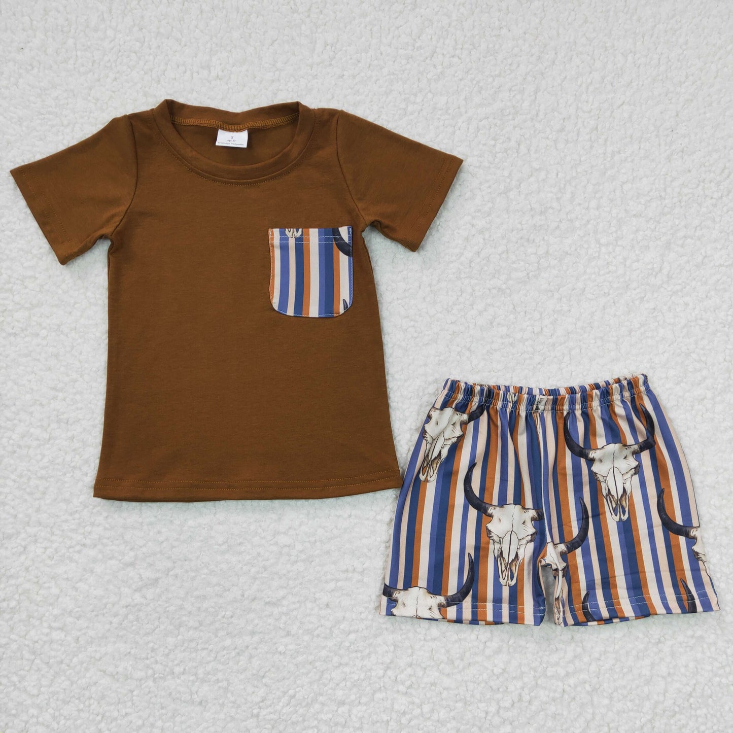 BSSO0149 Boys Bull Head Stripe Brown Pocket Short Sleeve Shorts Set