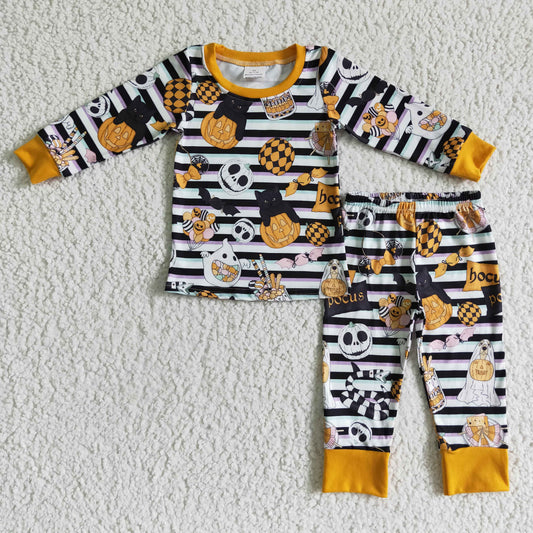RTS NO MOQ ETA 5/7days BLP0088 2pcs halloween pumpkin print long sleeve match boy's pajamas outfits