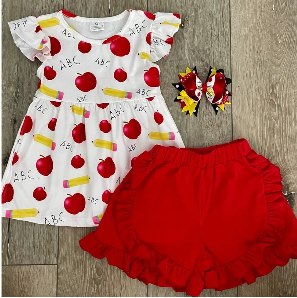 Girls ABC Apple Pencil Fly Sleeve Red Shorts Outfit