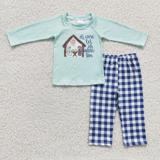 6 A4-1 Kids Clothing Boys Light Blue Long Sleeve Top Checked Long Pants Outfit
