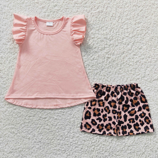 RTS NO MOQ GSSO0246 Pink Flying Sleeve Leopard Shorts Set