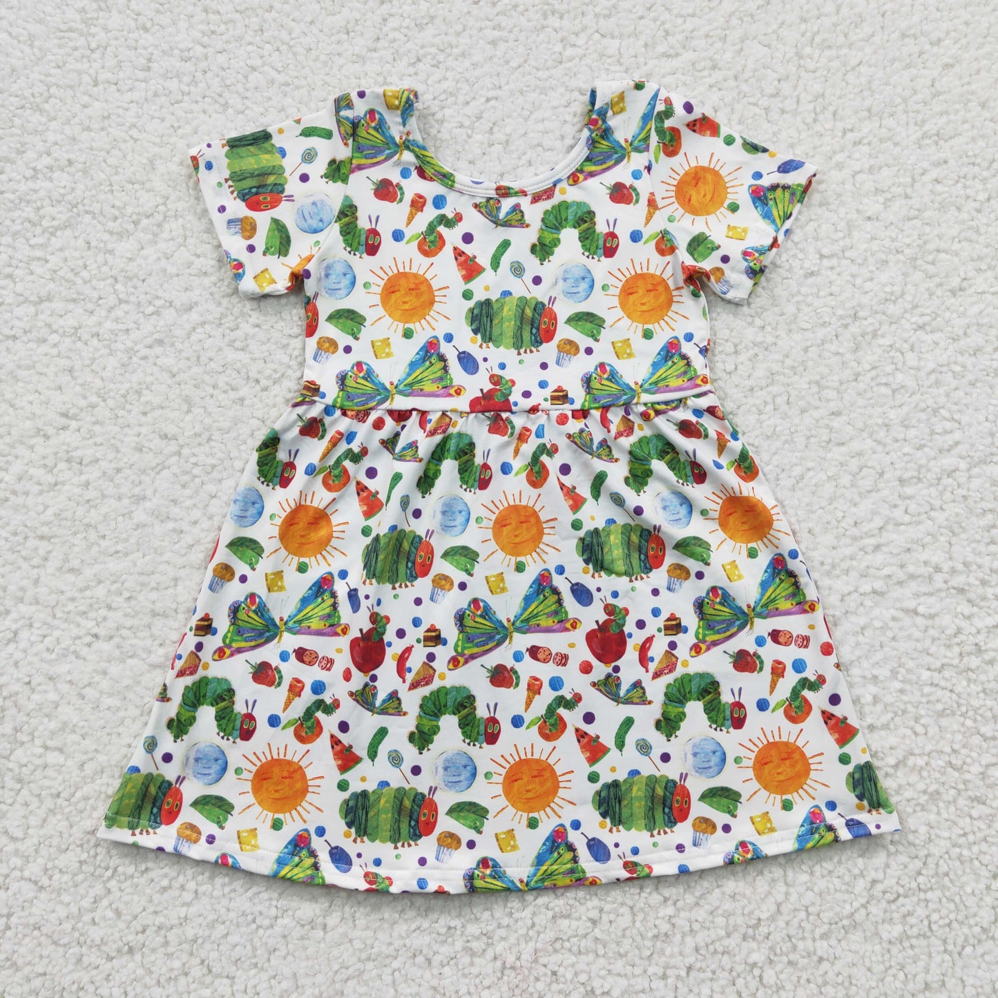 RTS NO MOQ GSD0224 Girls Caterpillar Sun Green Short Sleeve Dress