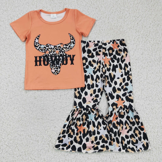 RTS NO MOQ（In Stock)  GSPO0305 Girls Outfit Cow Print Trousers Boutique Set Milk Silk