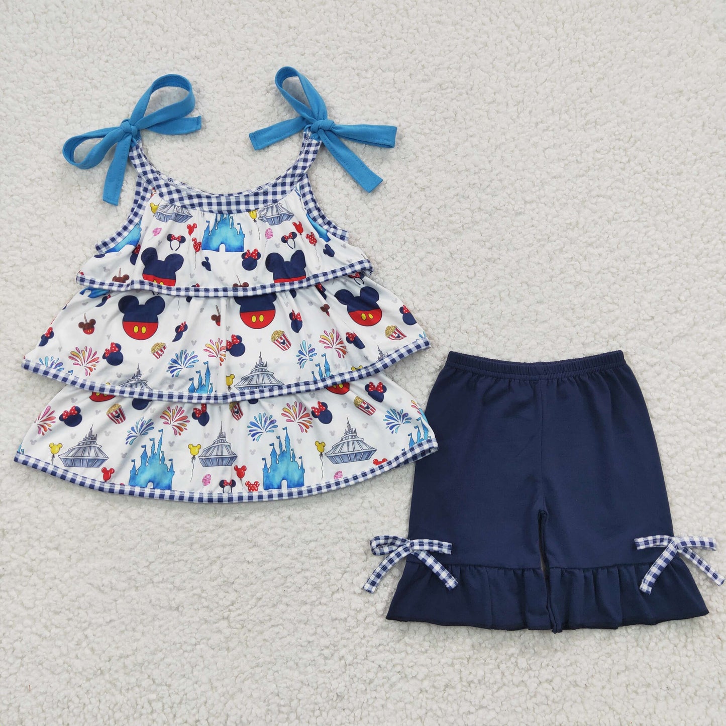 GSSO0218 Girls Print Dream Navy Blue Suspenders Shorts Set
