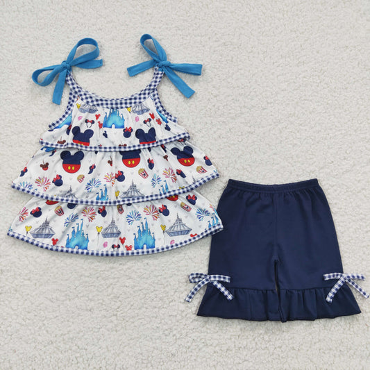 GSSO0218 Girls Print Dream Navy Blue Suspenders Shorts Set
