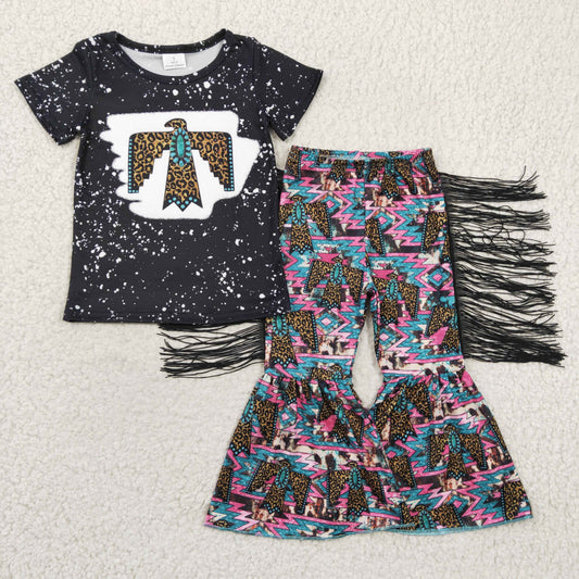 RTS NO MOQ（In Stock) GSPO0209 Girls Leopard Gem Eagle Black Short Sleeve Tassel Pant Set