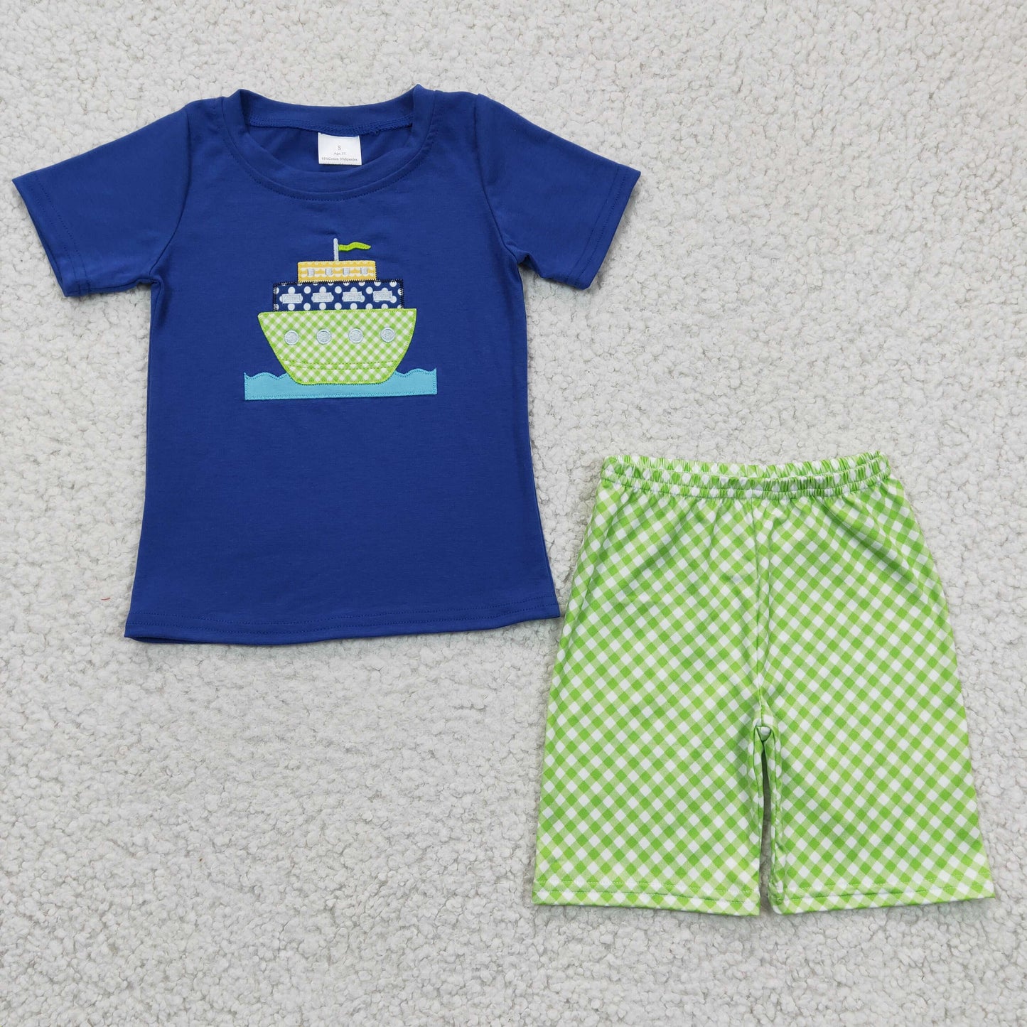 RTS NO MOQ BSSO0097 Boys Embroidered Green Ship Blue Short Sleeve Shorts Set