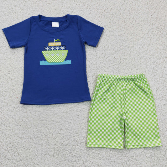RTS NO MOQ BSSO0097 Boys Embroidered Green Ship Blue Short Sleeve Shorts Set