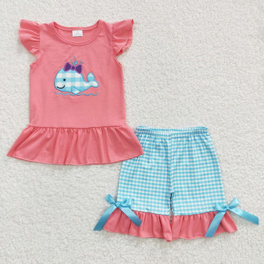 rts no moq GSSO0150 Girls Embroidered Whale Red Flying Sleeve Blue Shorts Set