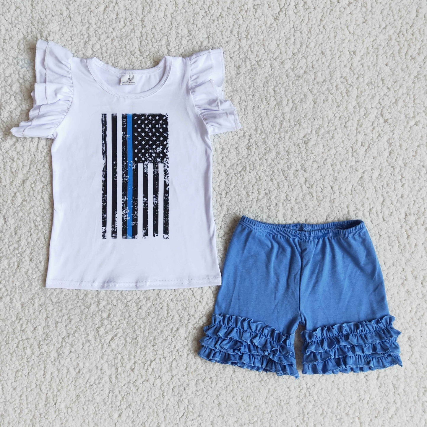 white flag pattern blue short sleeve pants set