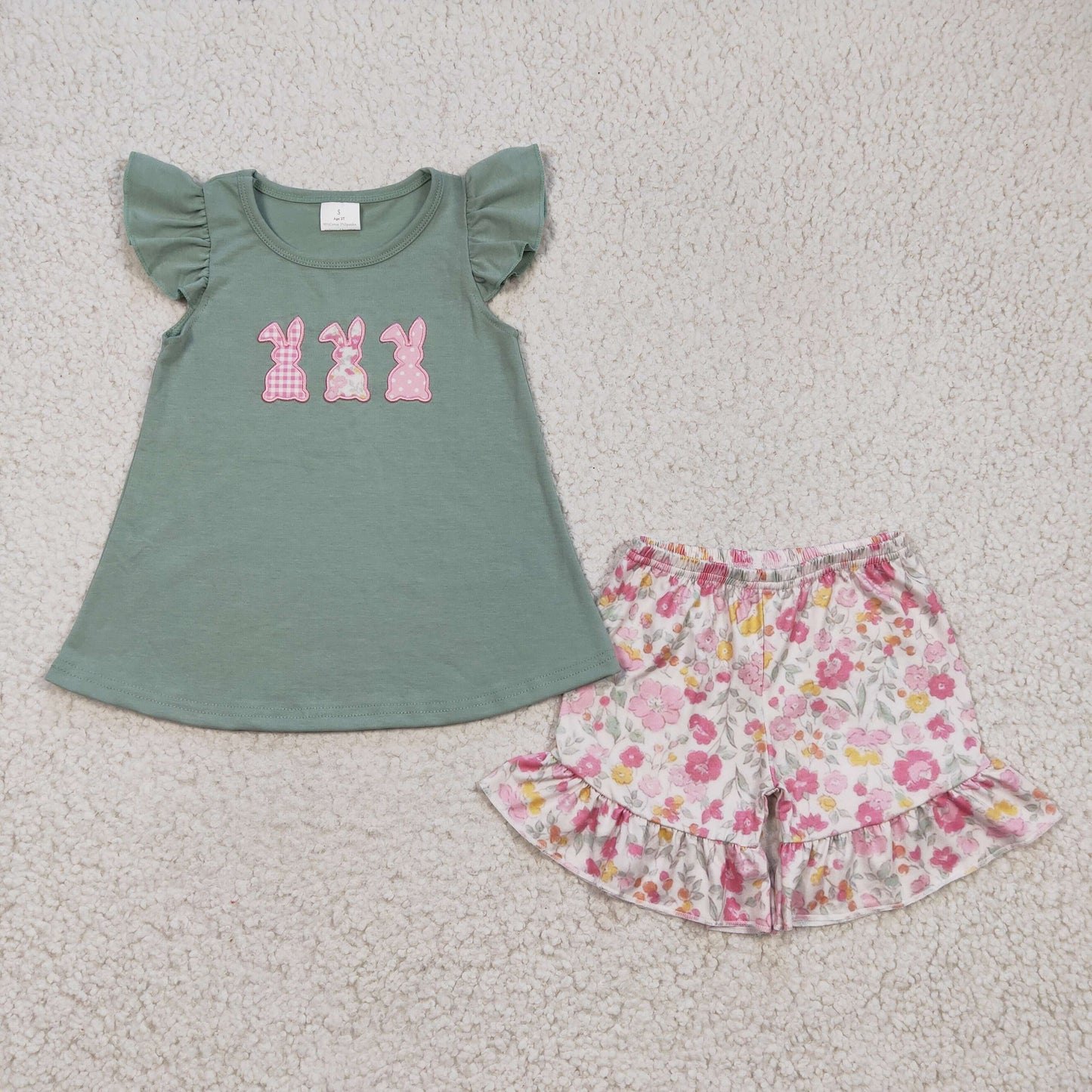 RTS NO MOQ（In Stock) Girls Embroidered Three Rabbits Flying Sleeve Flower Shorts Set