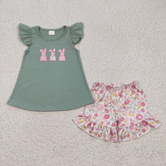 GSSO0160 Girls Embroidered Three Rabbits Flying Sleeve Flower Shorts Set