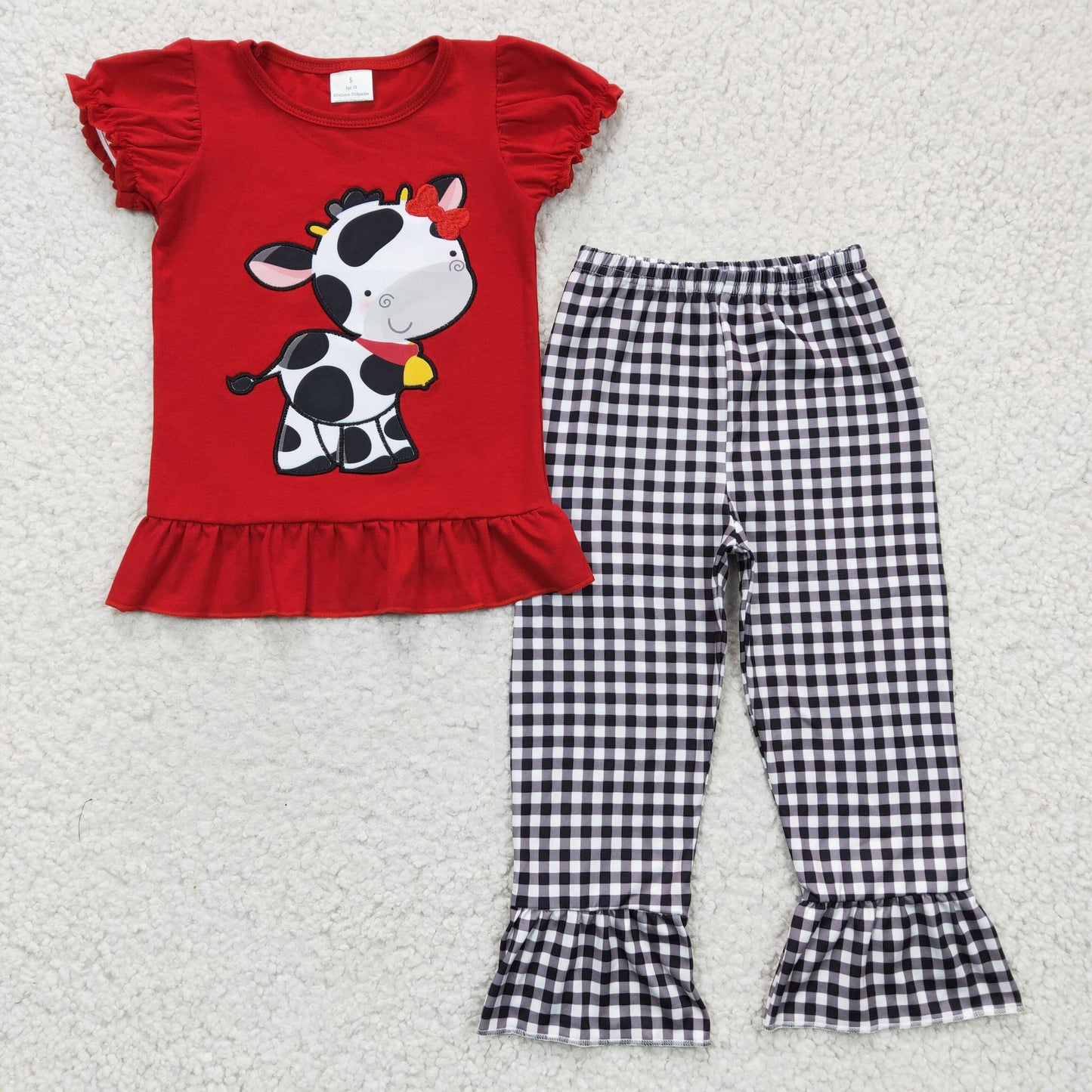 RTS NO MOQ（In Stock）GSPO0342 Girls Embroidered Cow Red Short Sleeve Plaid Pants Set