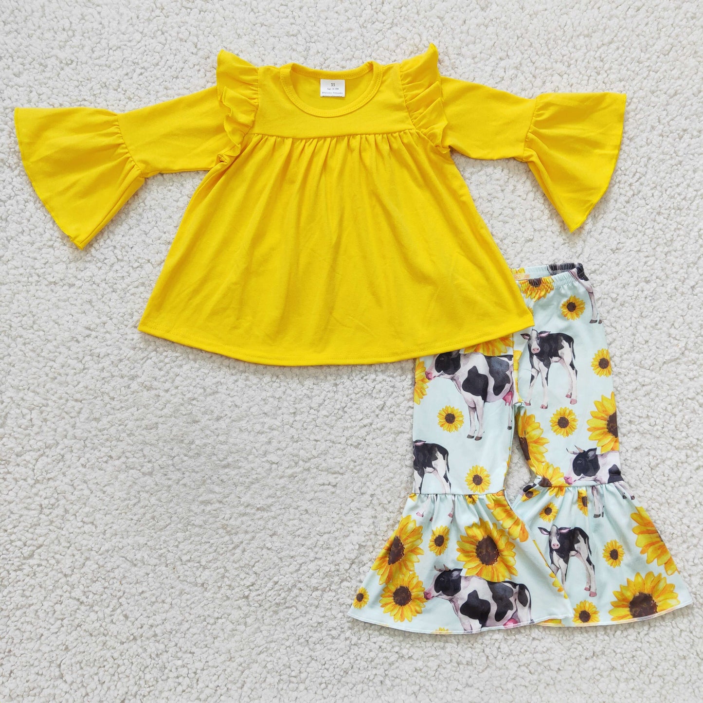 RTS NO MOQ ETA 5/7days Arrived GLP0374 Girls Cow Sunflower Yellow Long Sleeve Trouser Set