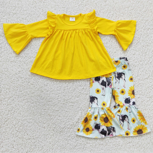 RTS NO MOQ ETA 5/7days Arrived GLP0374 Girls Cow Sunflower Yellow Long Sleeve Trouser Set
