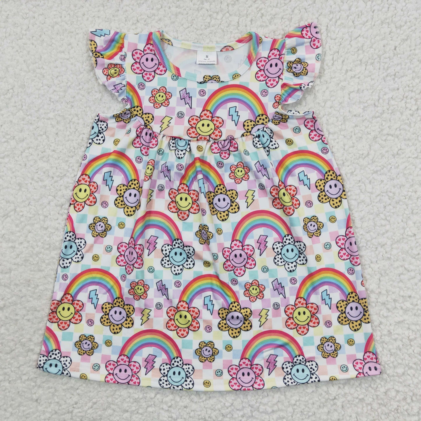 RTS NO MOQ GSD0324 Rainbow Smiley Pink Flying Sleeve Dress