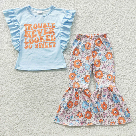 GSPO0539 Girls TROUBLE Blue Flying Sleeve Floral Trouser Suit