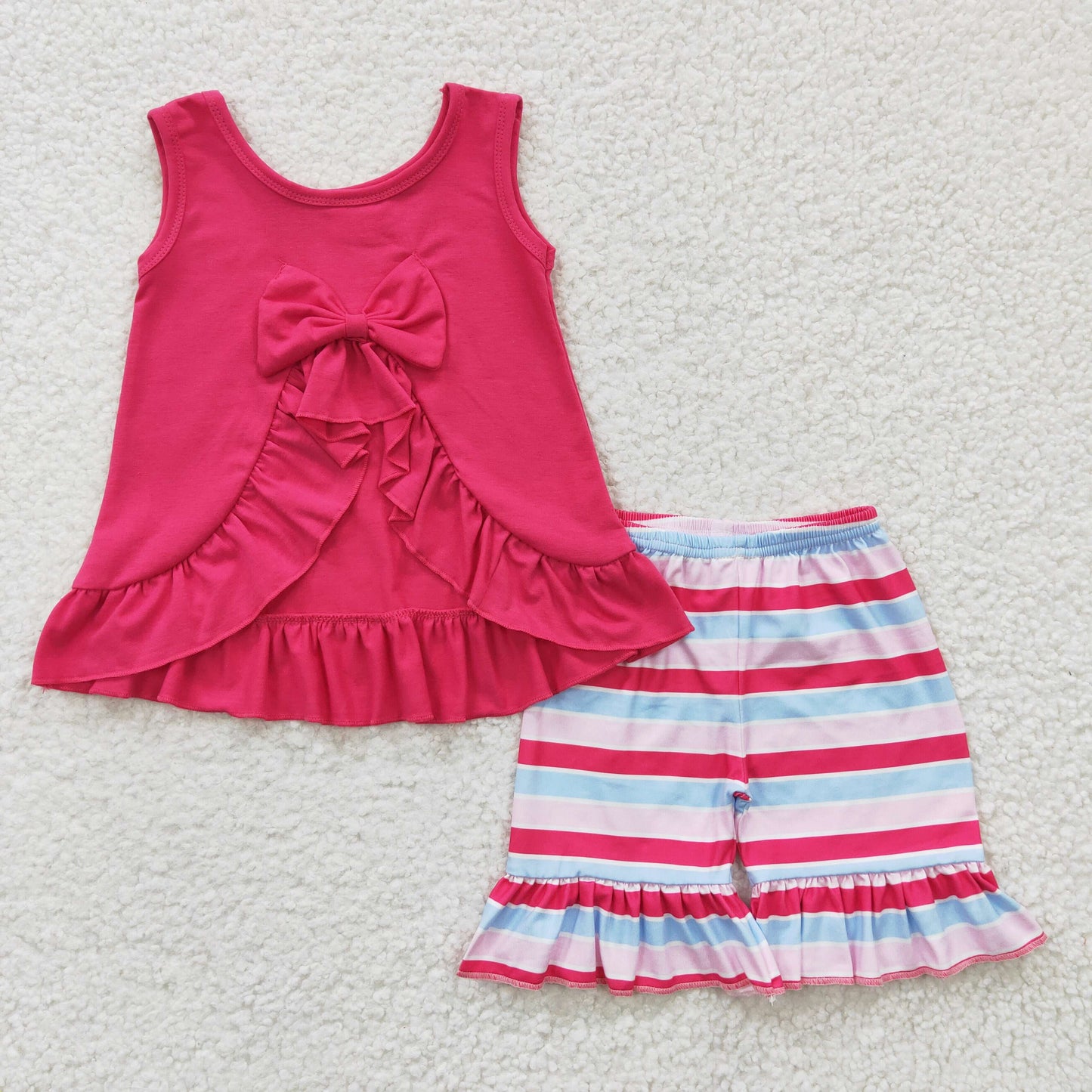 GSSO0209 Girls Rose Red Striped Vest Shorts Set