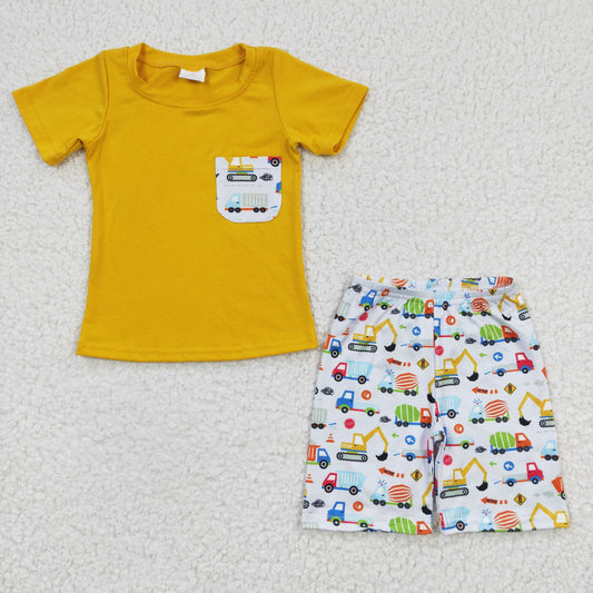 RTS NO MOQ BSSO0122 Boys Construction Vehicle Excavator Pocket Yellow Short Sleeve Shorts Set