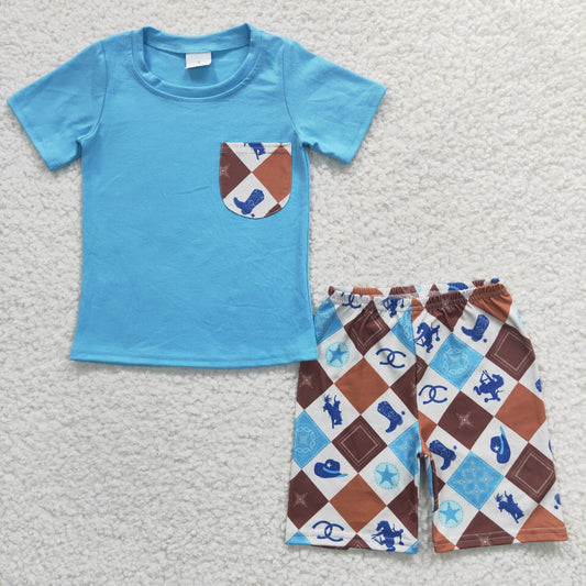 RTS NO MOQ（In Stock）BSSO0150 Boys Riding Square Blue Pocket Short Sleeve Shorts Set
