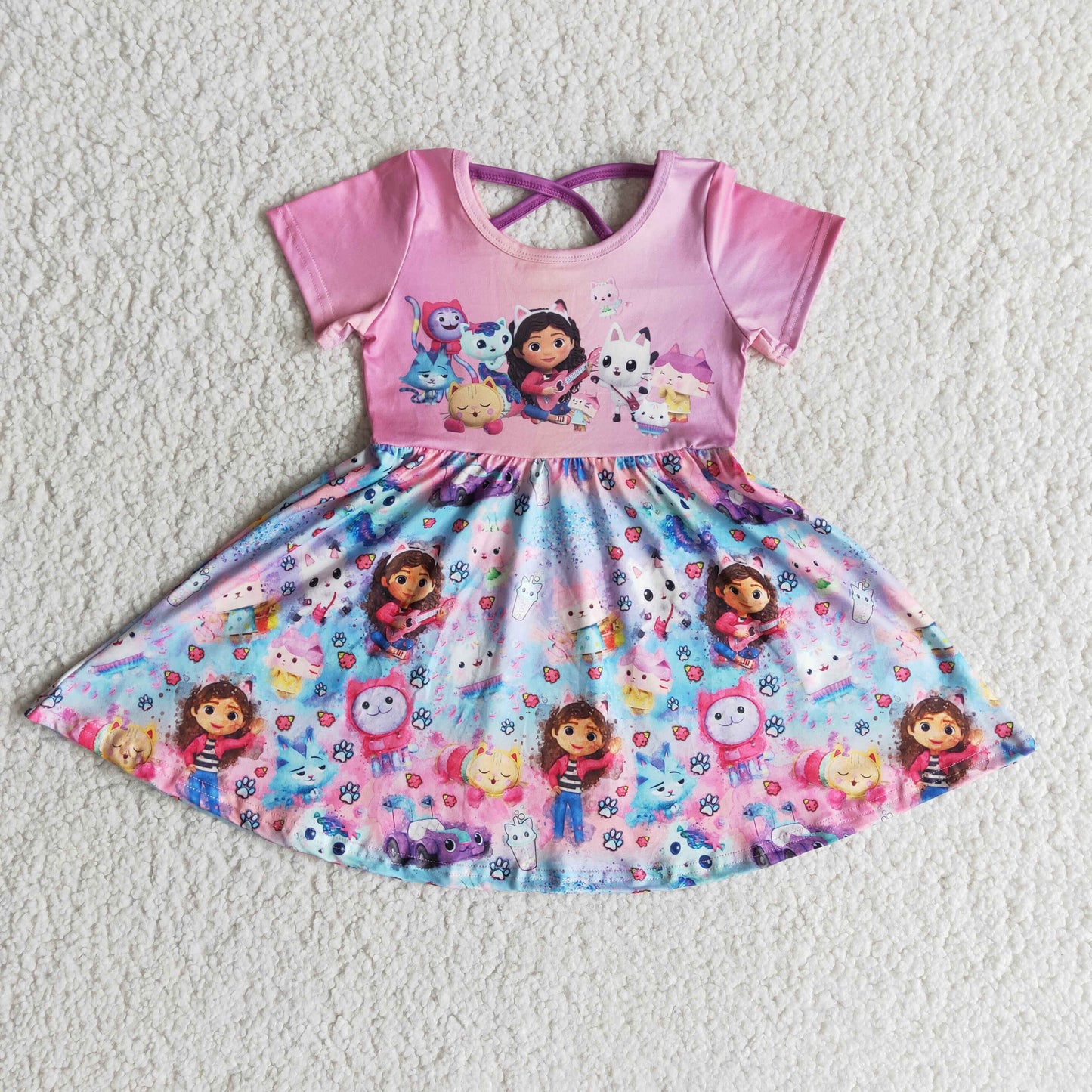 purple cats girl short sleeve dress