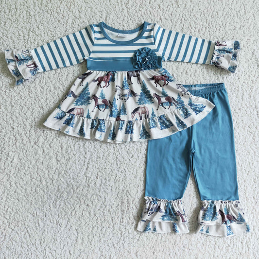 RTS NO MOQ GLP0019 girls clothing long sleeve long pants  baby girl outfit milk silk horse print