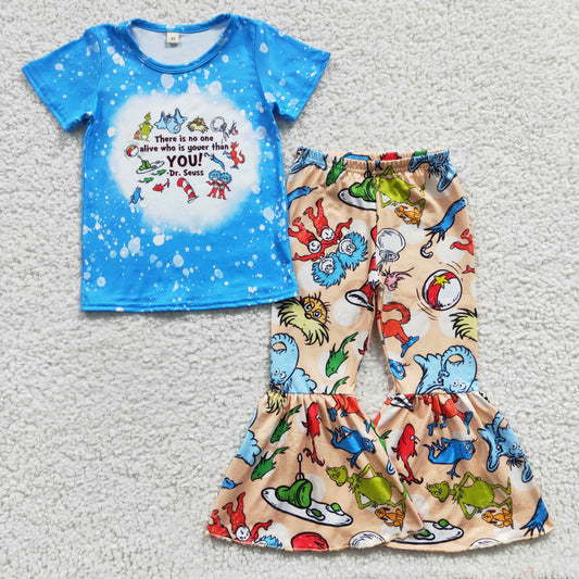 GSPO0527 Girls dr seuss blue short sleeve trouser suit