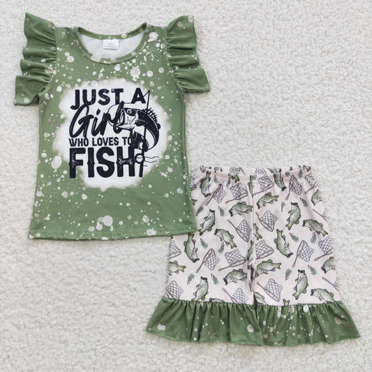 RTS NO MOQ（In Stock ) Girls FISH Fishing Green Short Sleeve Shorts Set