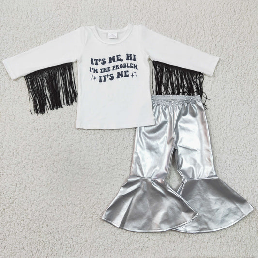 GLP0394 Girls Alphabet White Long Sleeve Fringe Silver Pants Set
