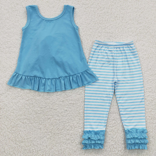 GSPO0505 Girls Blue Lace Striped Vest Trousers Set