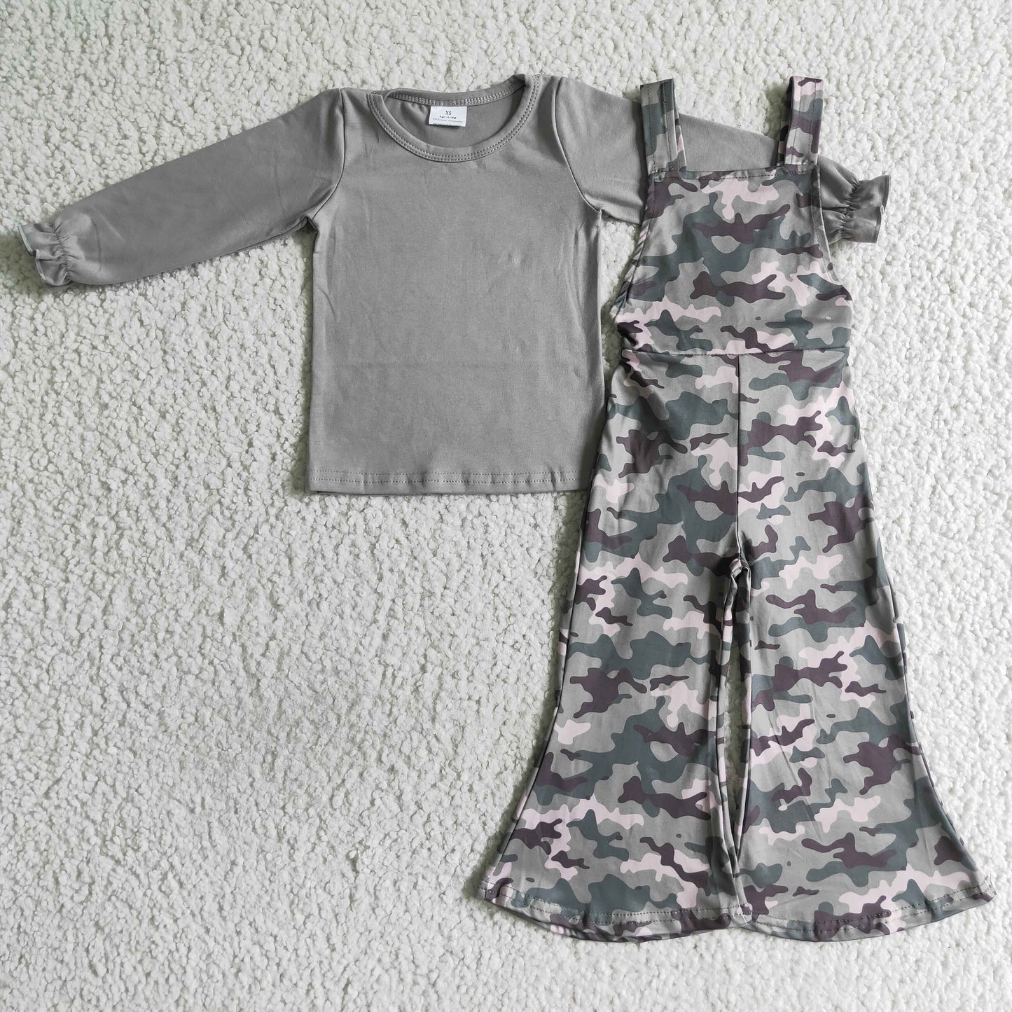 6C9-36 girls  long sleeve long pants outfit children clothing set camouflage overalls suit  no moq milk silk