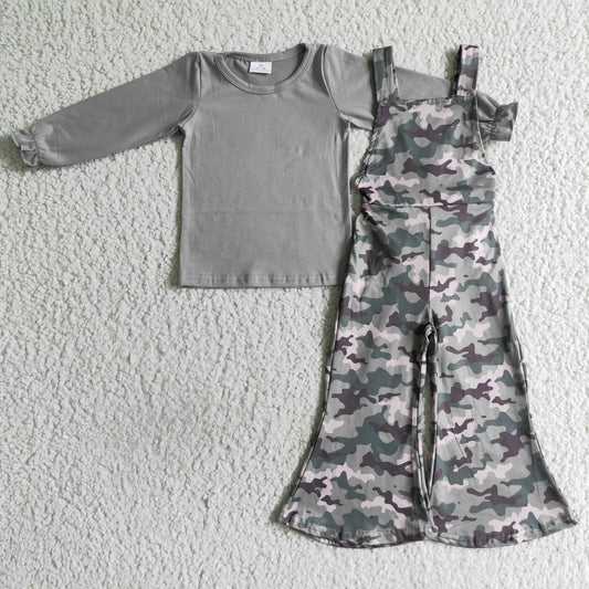 6C9-36 girls  long sleeve long pants outfit children clothing set camouflage overalls suit  no moq milk silk