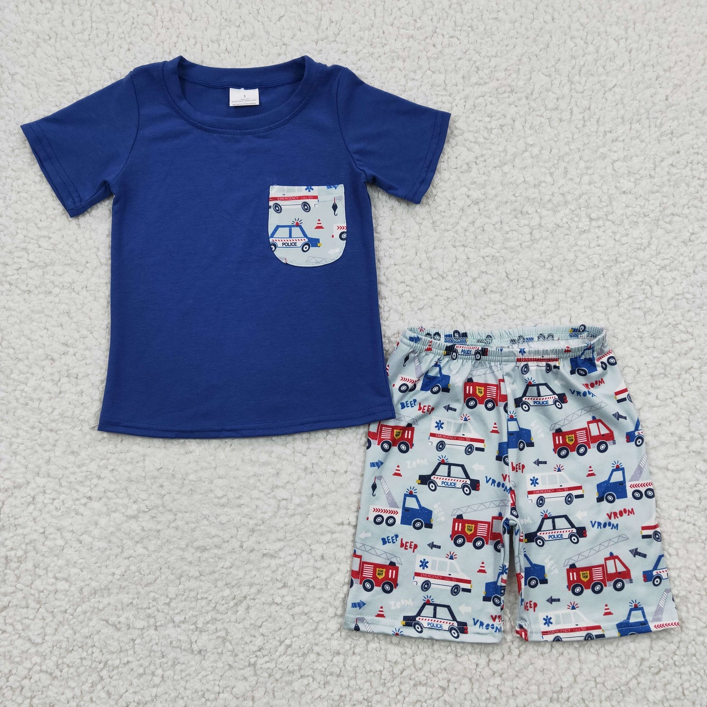 RTS NO MOQ BSSO0121 Boys Police Car Fire Truck Pocket Blue Short Sleeve Shorts Set