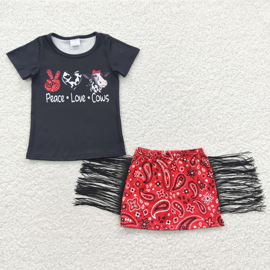 GSD0302 Girl cows cows short-sleeved red fringed skirt suit