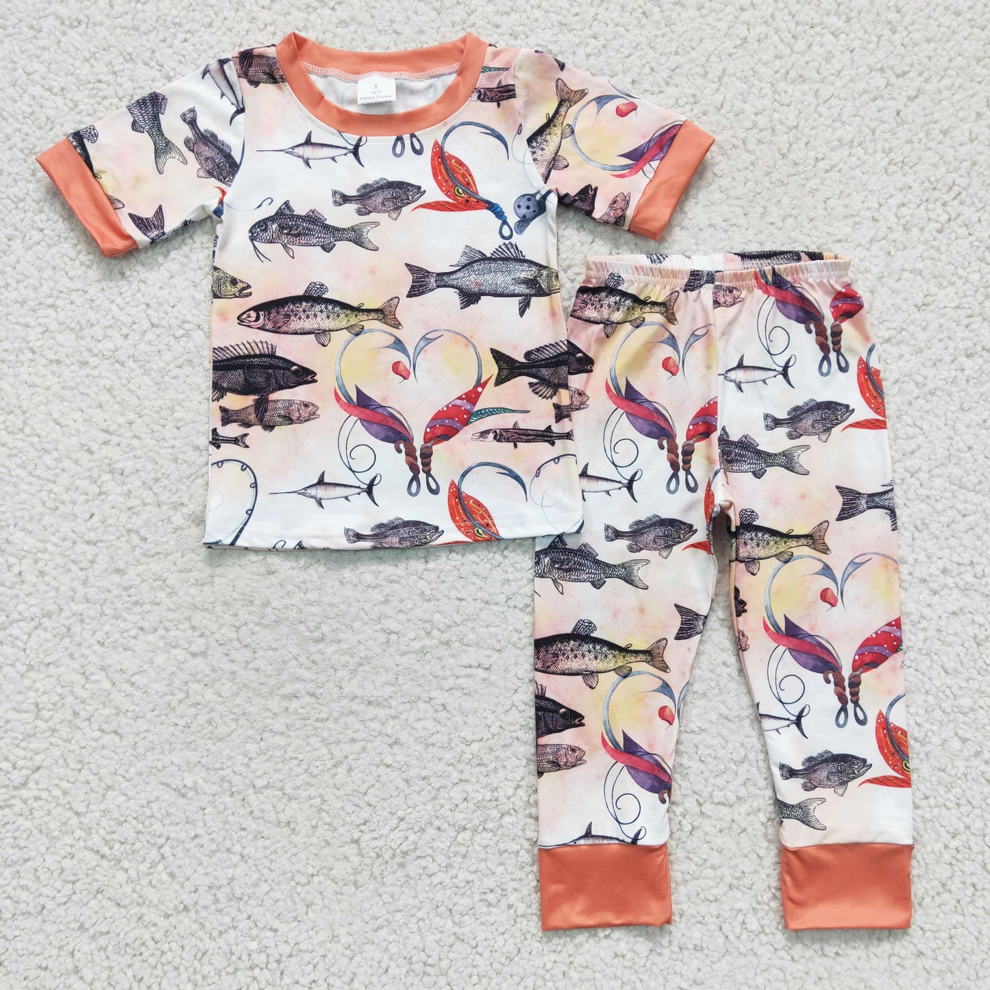 RTS NO MOQ（In Stock) BSPO0041 Kids Clothing Boys Short Sleeve Top And Long Pants Pajamas Fishing  Print