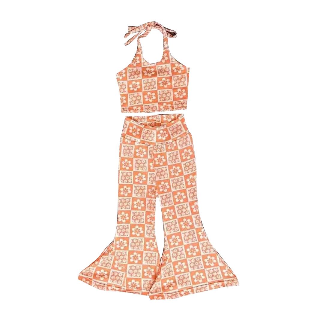Girls Orange Plaid Halter Neck Pants Set