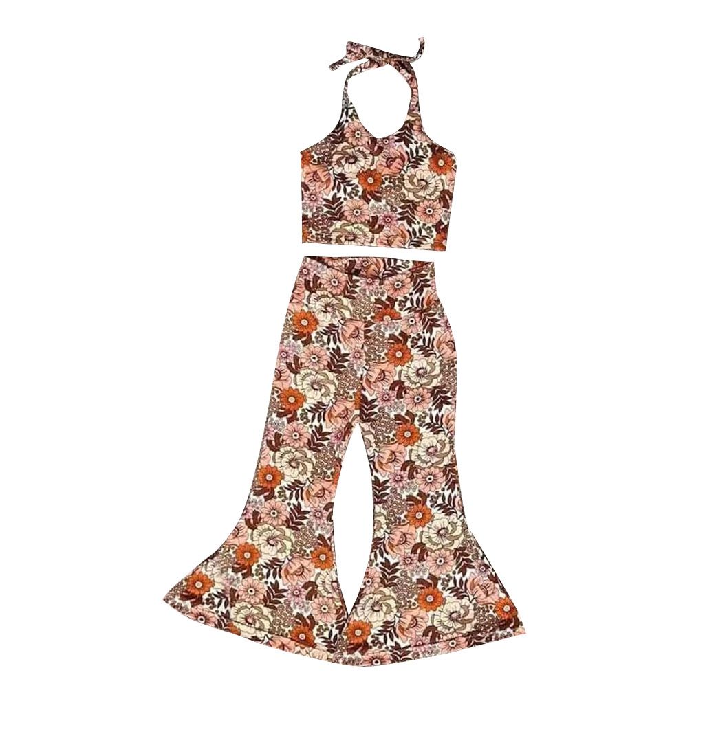 Girls Colorful Flower Halter Neck Trousers Set