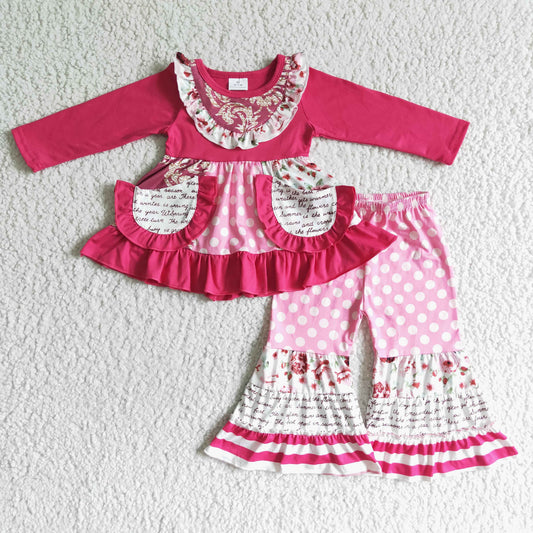 RTS NO MOQ（In Stock ) Rose Red Pocket Flared Pants Set