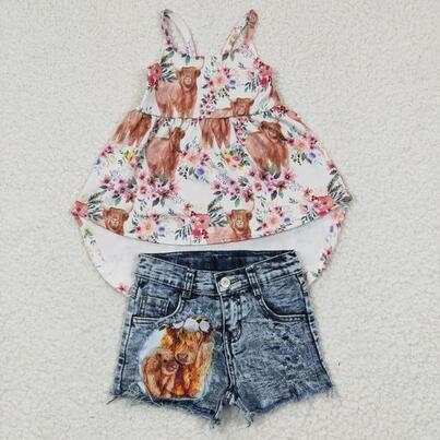 Girls suspenders top with short jeans pants cow print