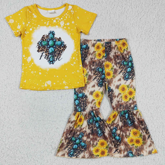 RTS NO MOQ（In Stock) GSPO0269 Girls Jewel Sunflower Yellow Short Sleeve Pant Set Milk Silk