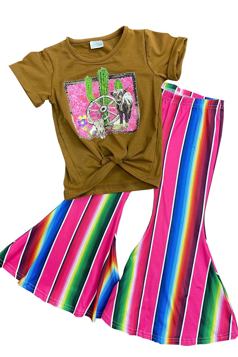 Girls Cactus Alpine Cow Brown Short Sleeve Color Stripe Trousers Suit