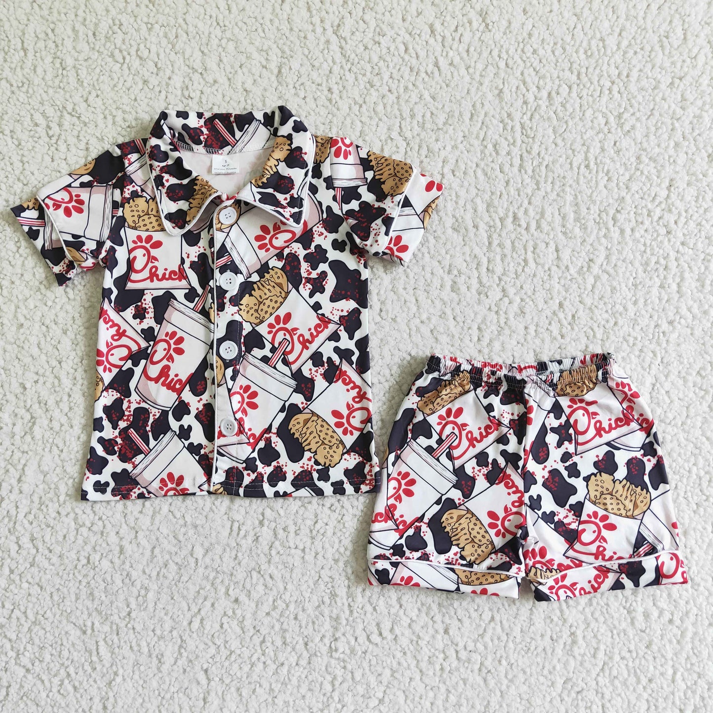 F11-8 Boys Cow Chicken Button Short Sleeve Shirt Shorts Set