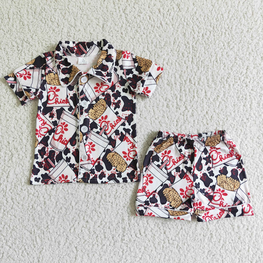F11-8 Boys Cow Chicken Button Short Sleeve Shirt Shorts Set
