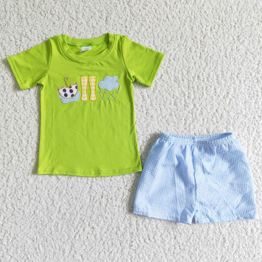 BSSO0082 Embroidered Umbrella Rain Boots Green Short Sleeve Shorts Set