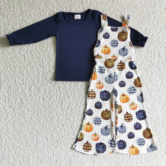 GLP0183 girls halloween clothes long sleeve top with long pants overalls pumpkin print