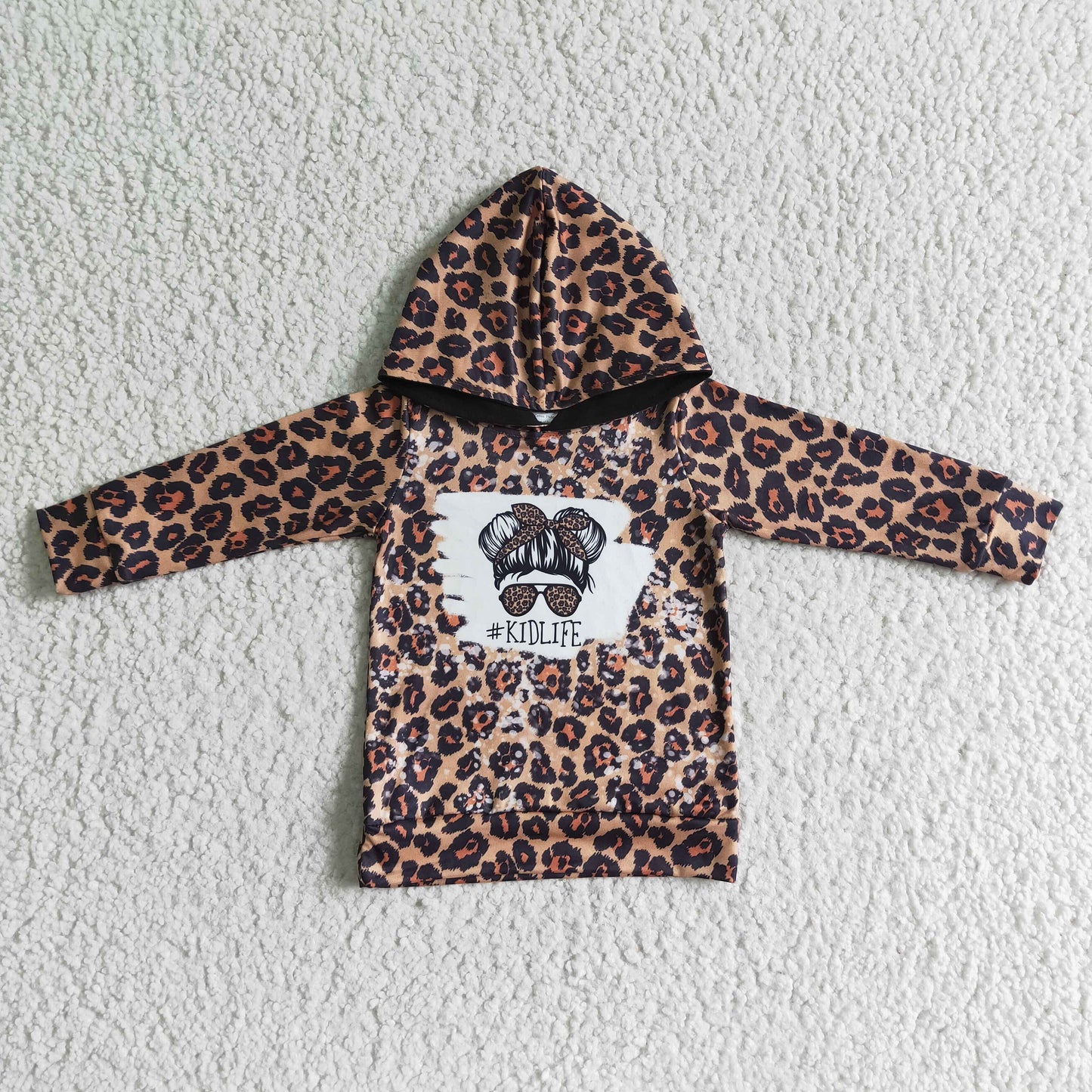 RTS NO MOQ（In Stock ) Girls Leopard Print Long Sleeve Hoodie
